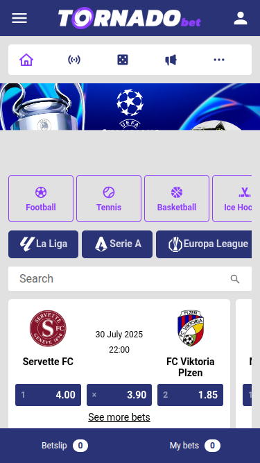 Page d'accueil mobile de Tornadobet Casino