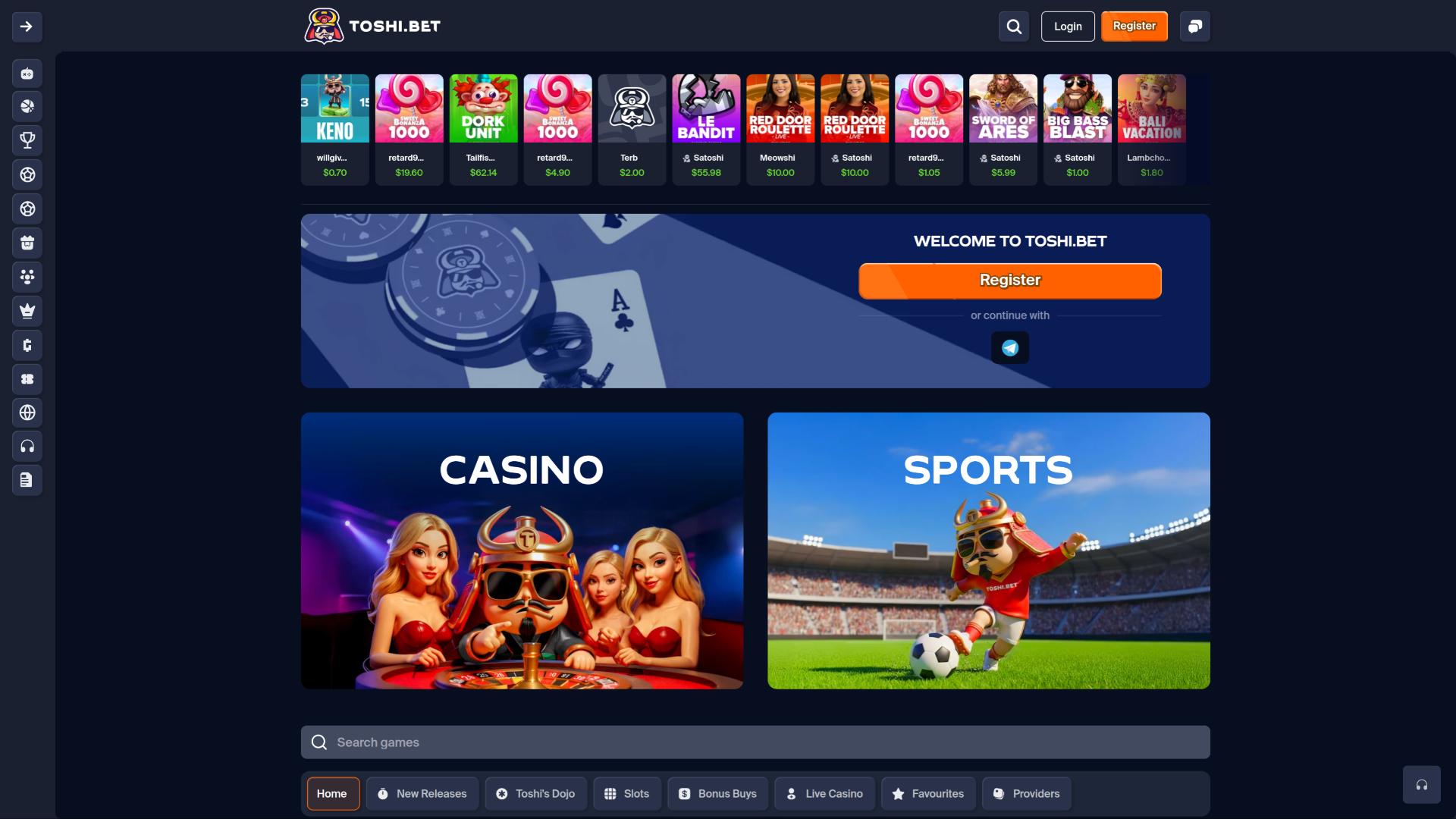 Página principal del casino Toshi.bet