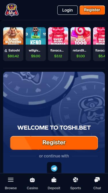 Página principal móvil del casino Toshi.bet