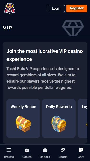 Página móvil VIP del casino Toshi.bet