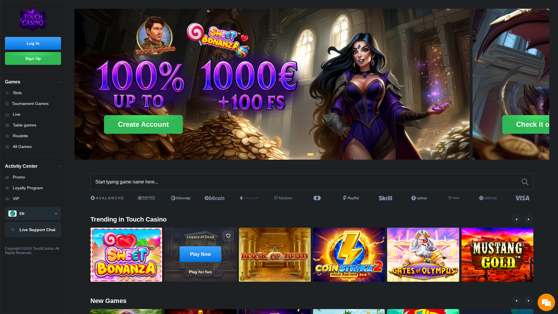 Homepage desktop di Touch Casino