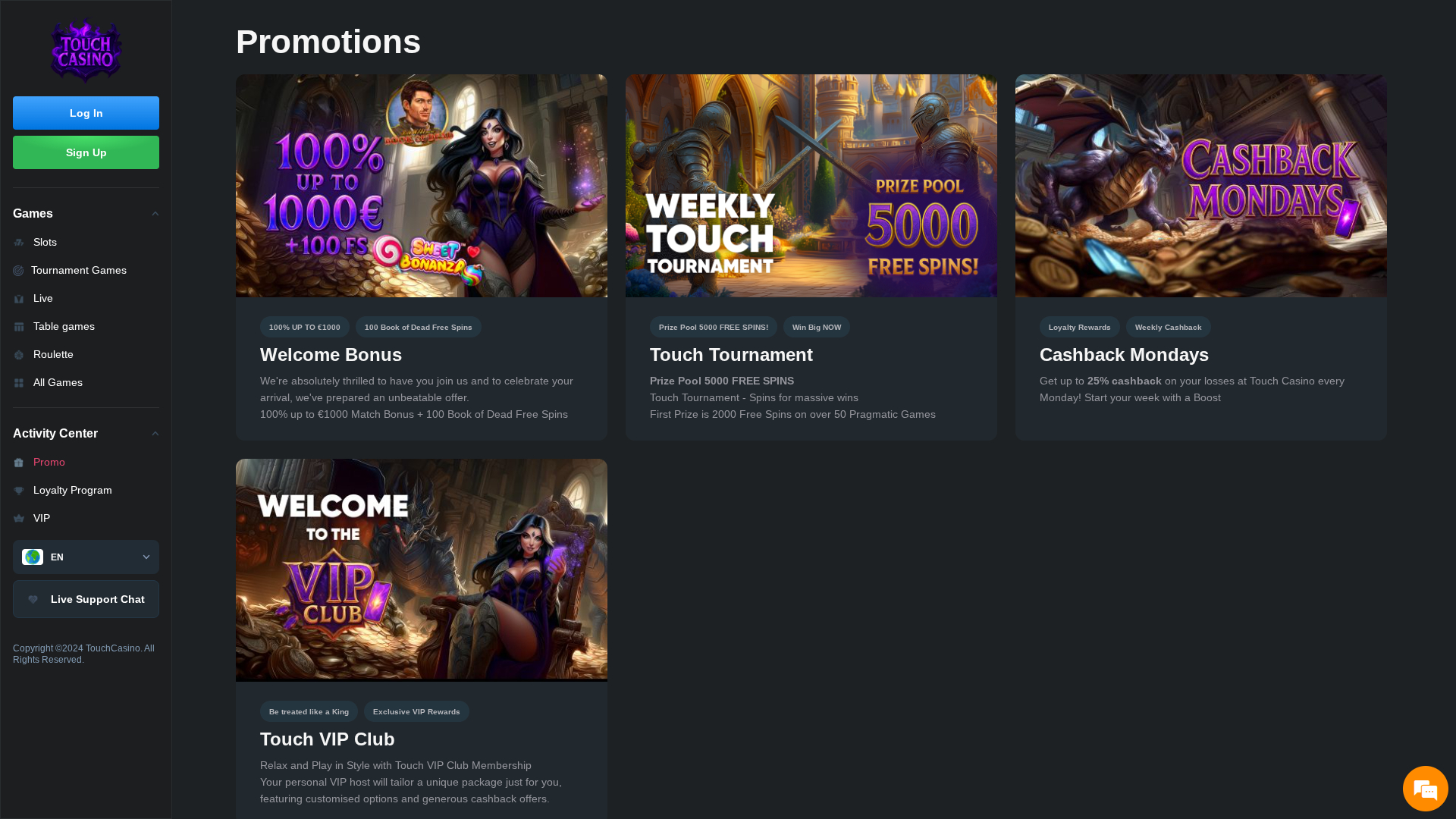 Promozioni desktop di Touch Casino