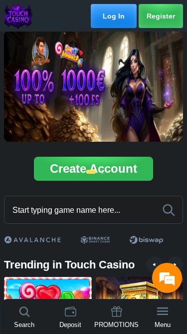 Homepage mobile di Touch Casino