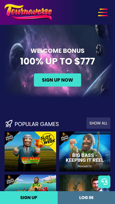 Page d'accueil mobile de Tournaverse Casino