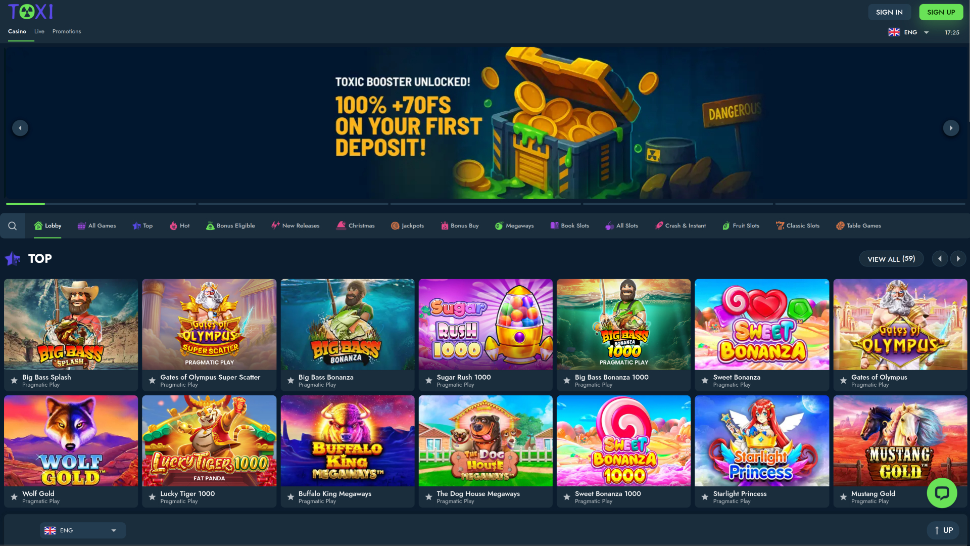 Toxi Casino Desktop Homepage