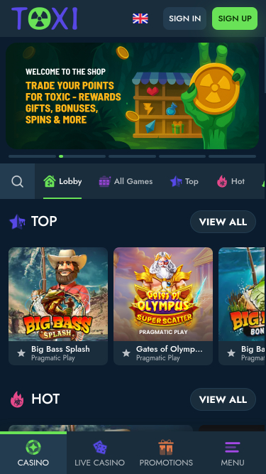 Toxi Casino Mobile Homepage