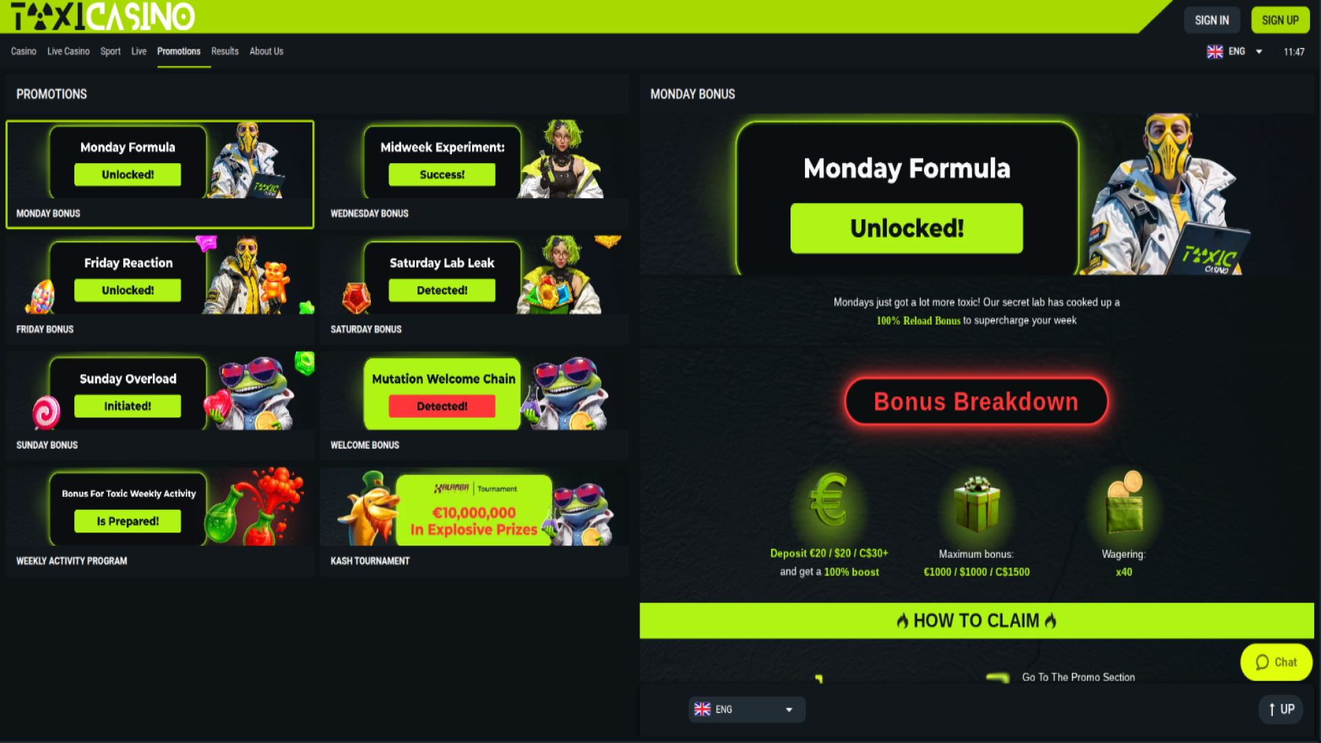 Skärmdump av kampanjer på Toxicasino för datorer