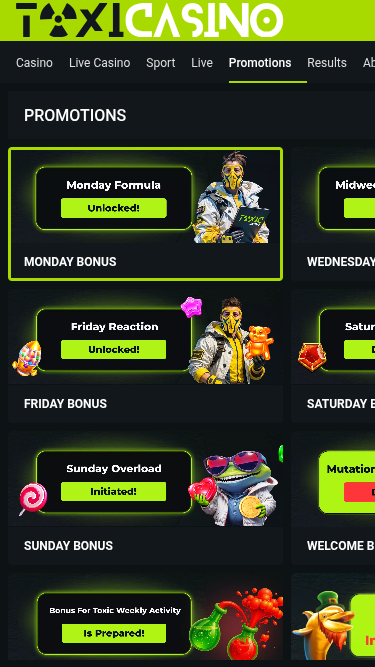 Skärmdump av kampanjer från Toxicasino för mobiler