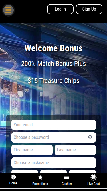 Treasure Mile Casino Mobile Homepage