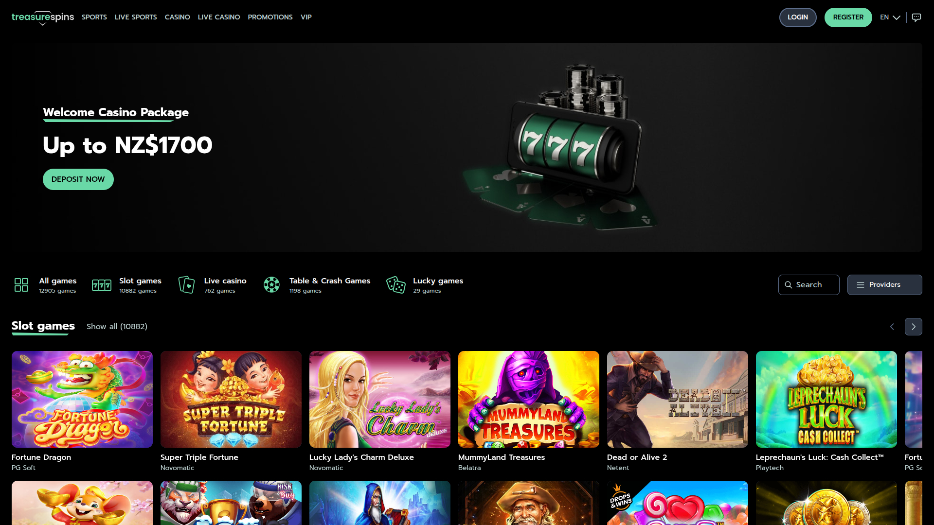 Página de inicio de escritorio de Treasure Spins Casino