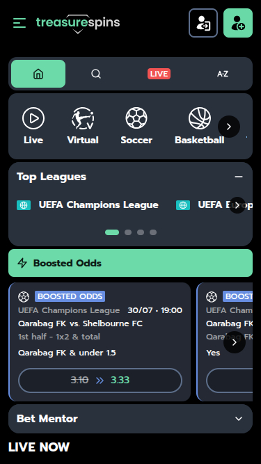 Deportes móviles de Treasure Spins Casino