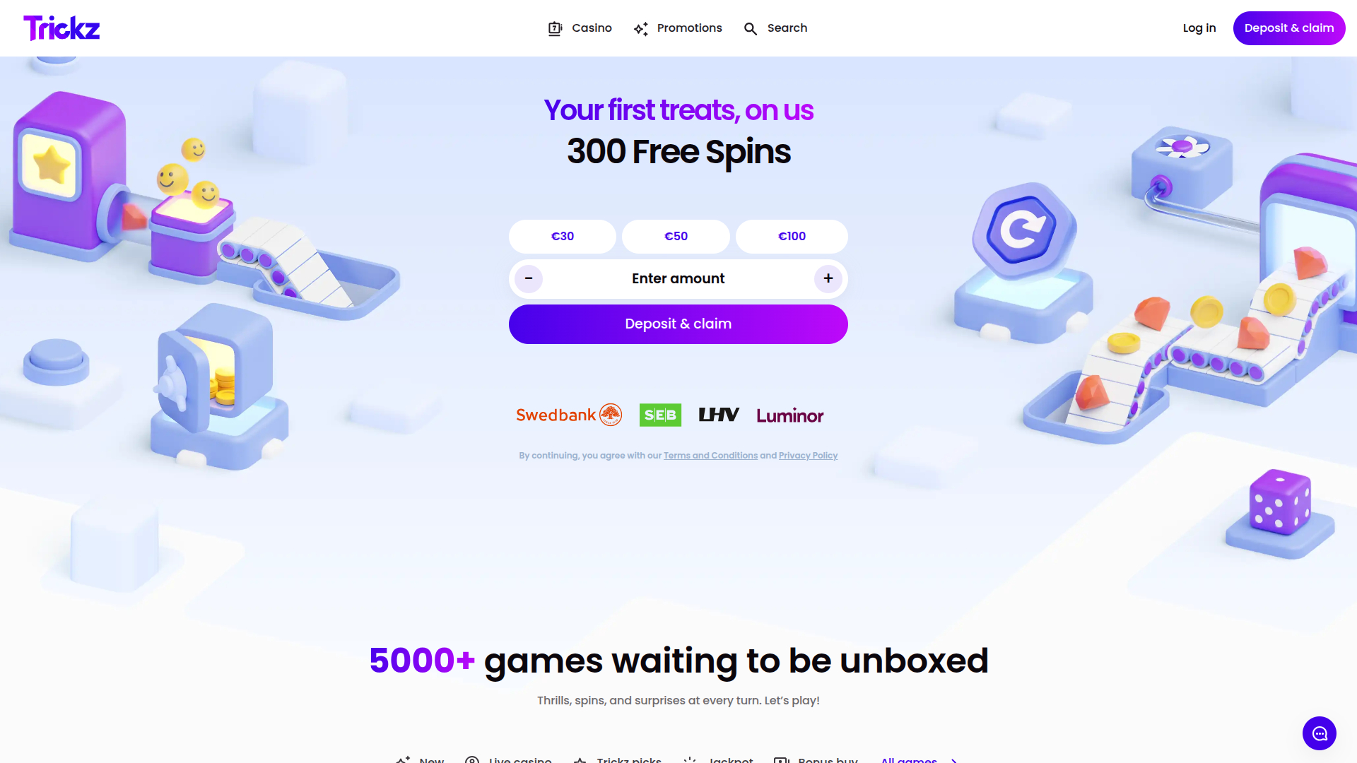 Página de inicio de escritorio de Trickz Casino