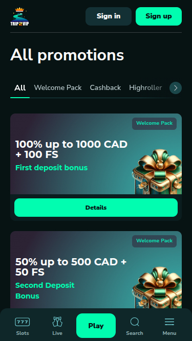 Promotions mobiles de Trip2Vip Casino