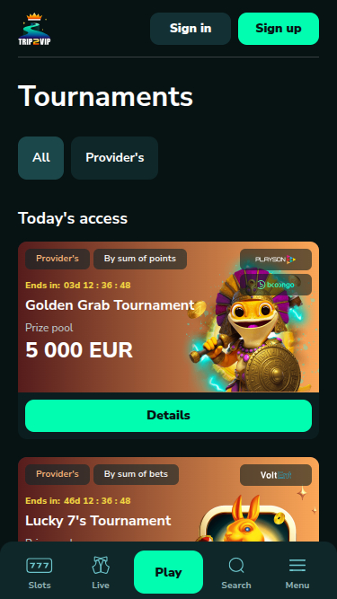 Tournois mobiles de Trip2Vip Casino