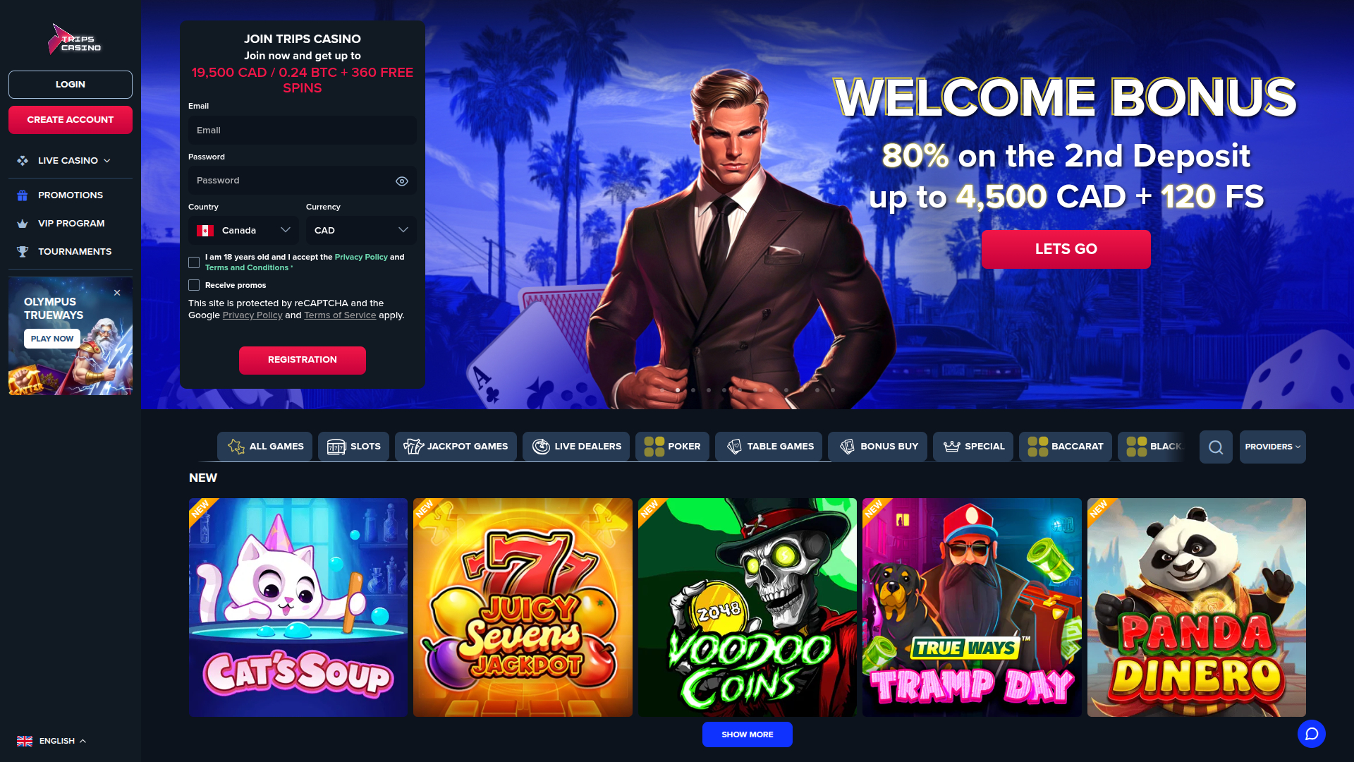 Page d'accueil de bureau de Trips Casino