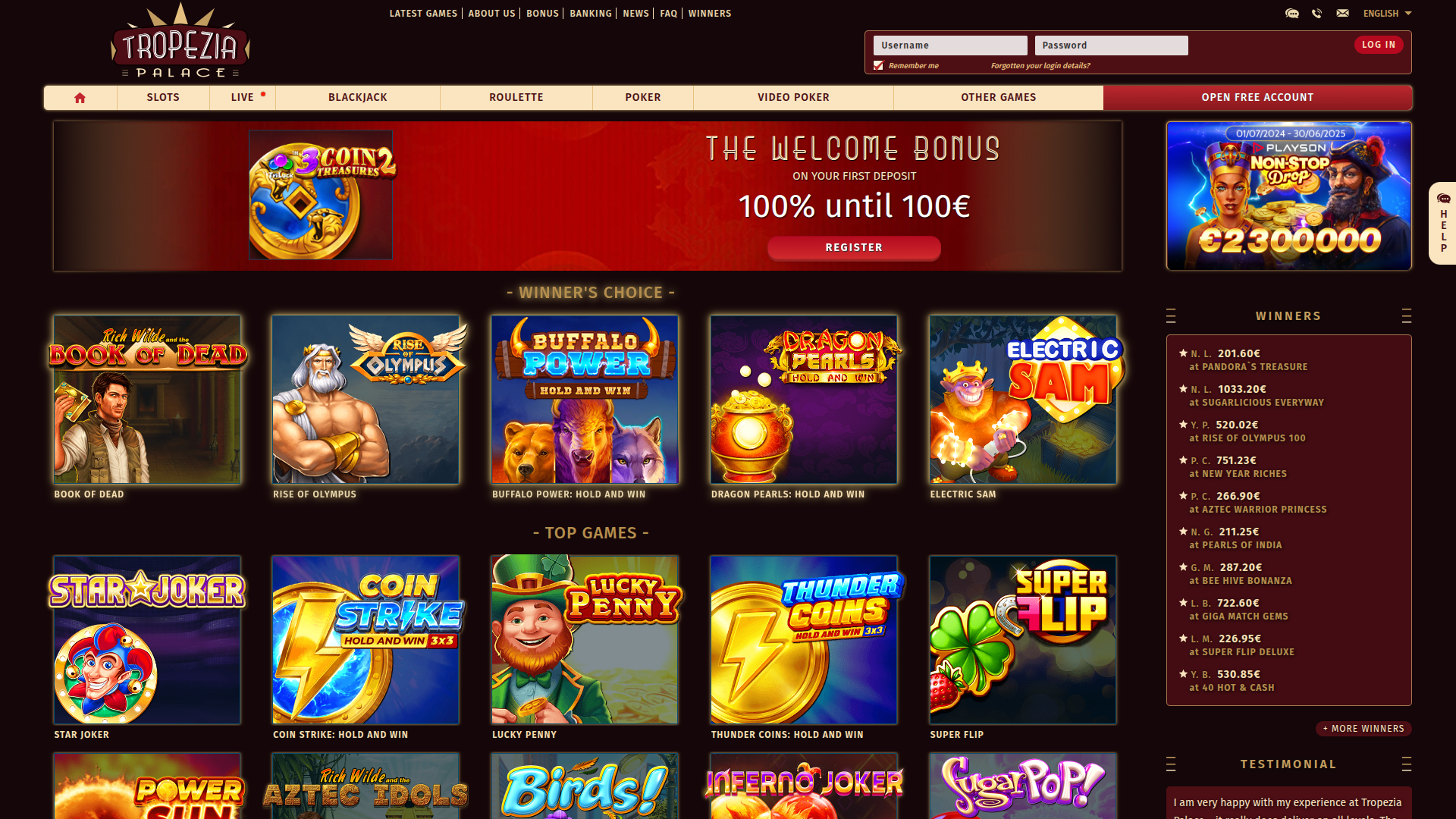 Homepage desktop di Tropezia Palace Casino