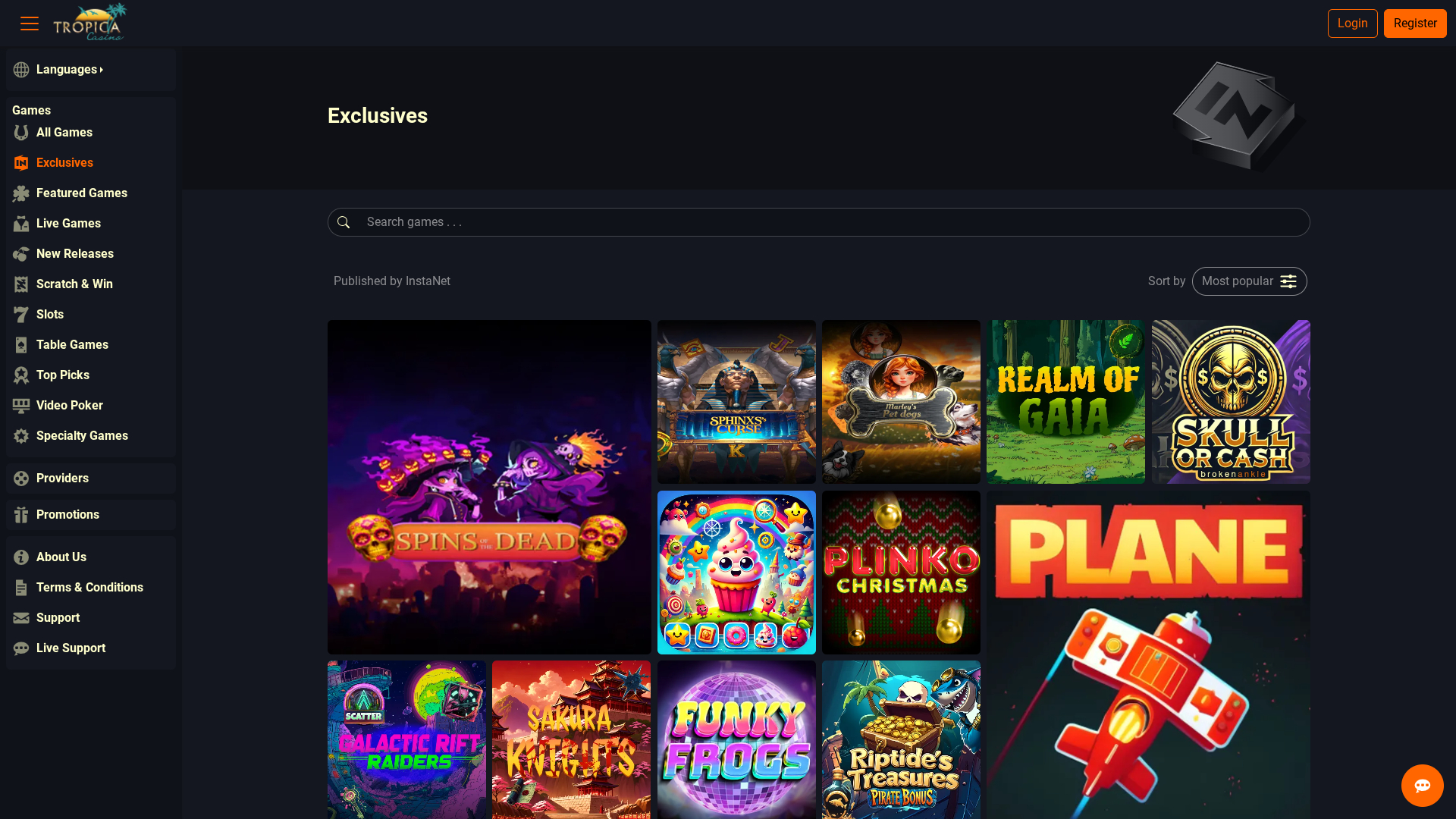 Página de inicio de escritorio de Tropica Casino