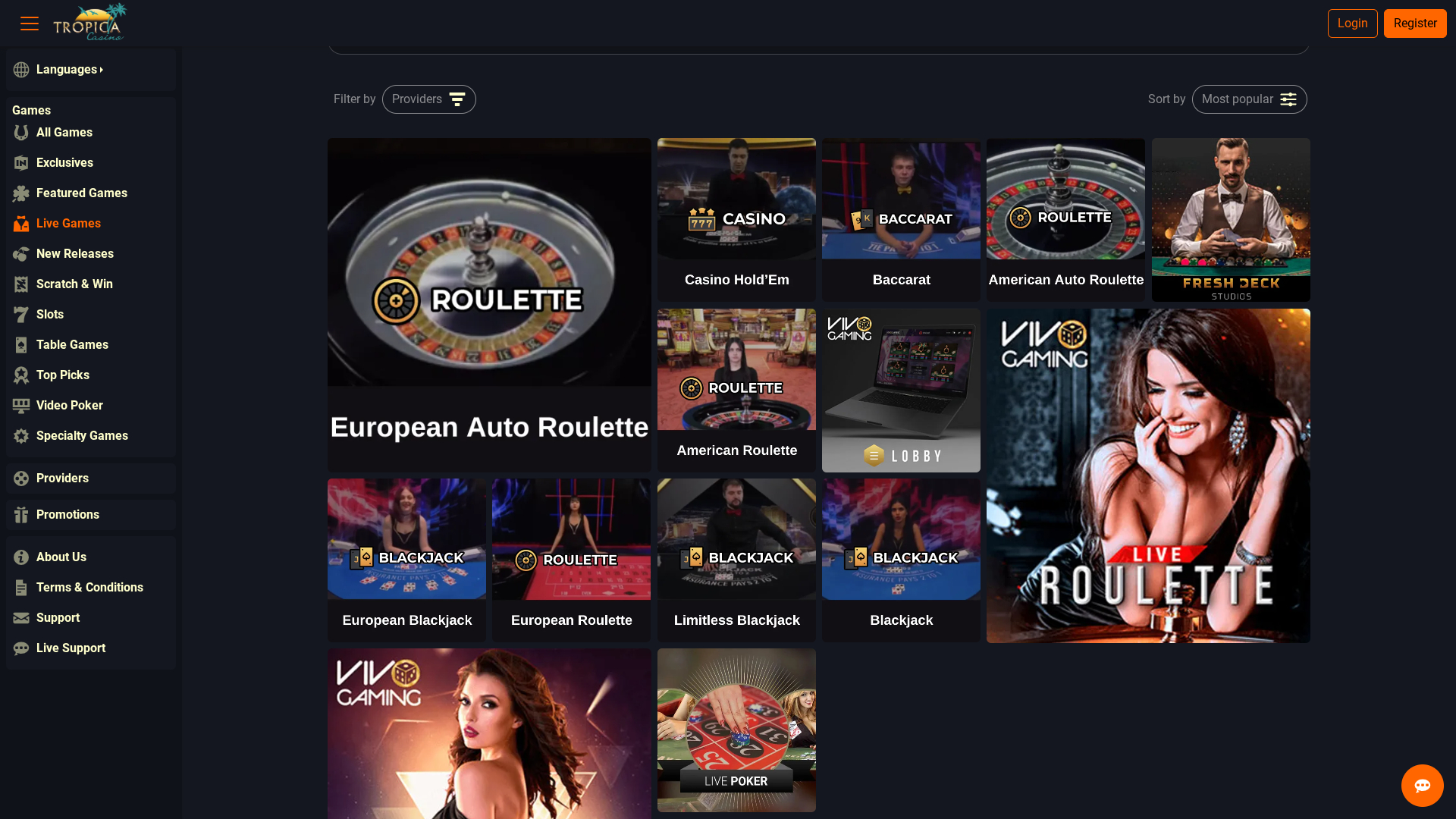 Crupier en vivo de escritorio de Tropica Casino