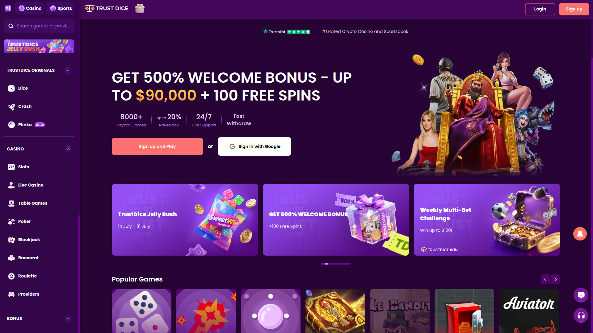 TrustDice Casino Desktop-Startseite