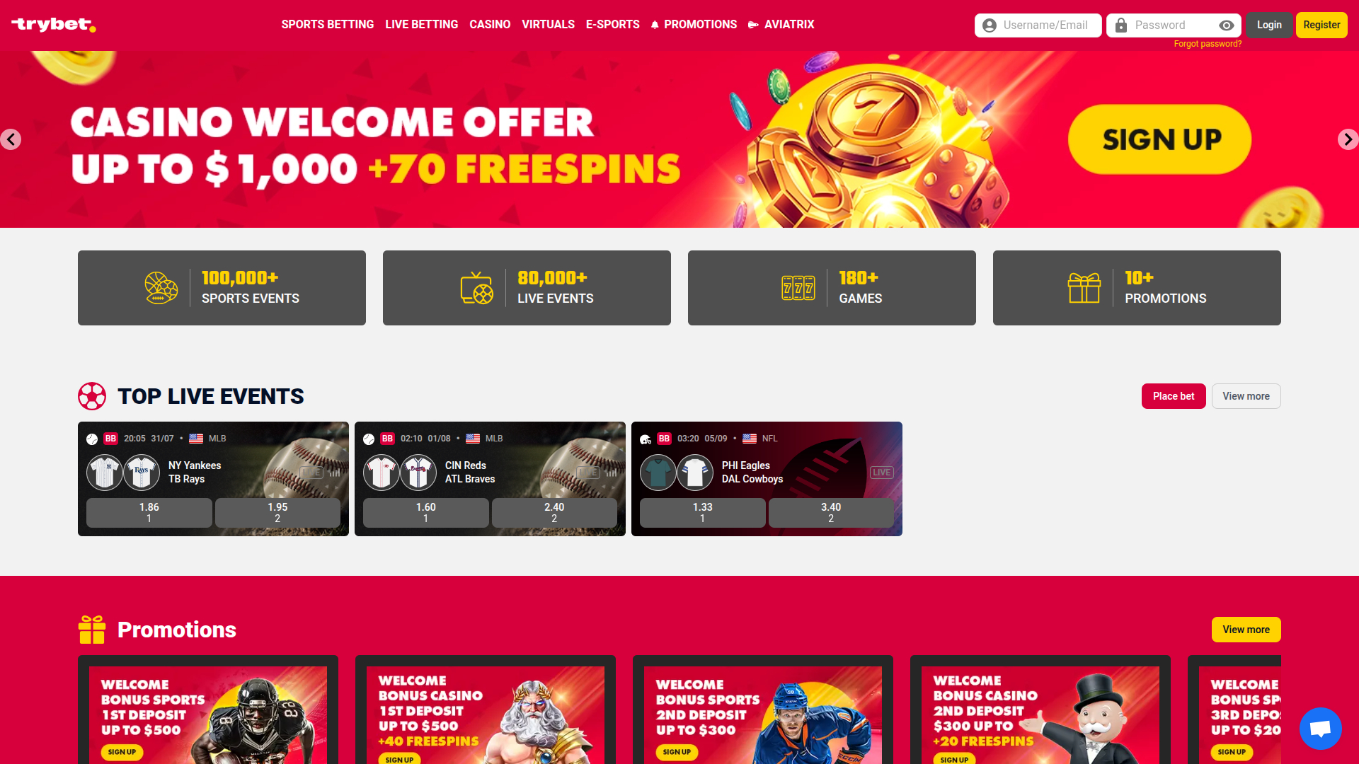 Page d'accueil de bureau de Trybet Casino