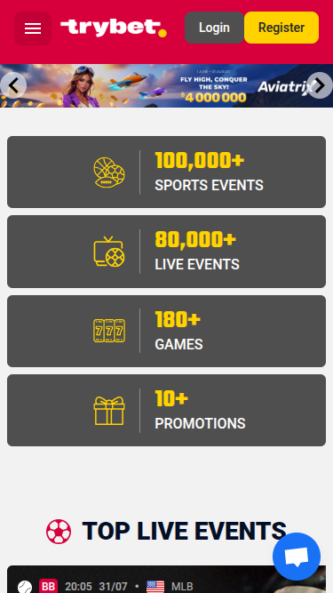 Page d'accueil mobile de Trybet Casino