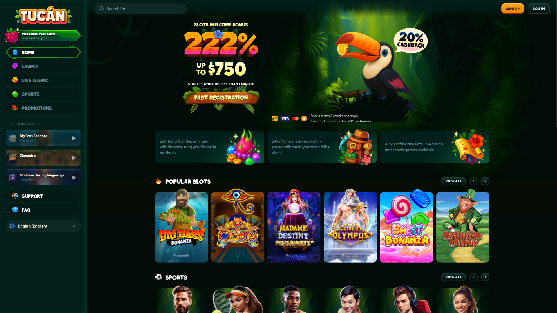 Page d'accueil du casino Tucan (ordinateur de bureau)