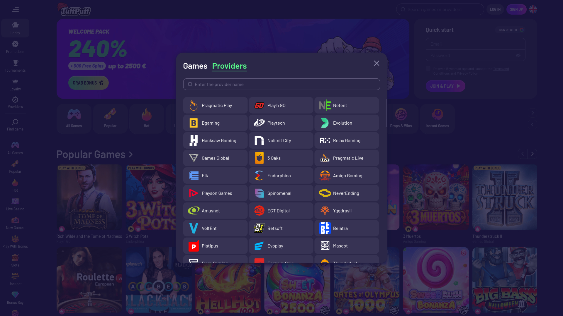 Sviluppatori del gioco per computer desktop TuffPuff Casino