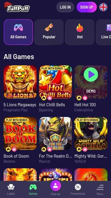 Giochi per dispositivi mobili di TuffPuff Casino