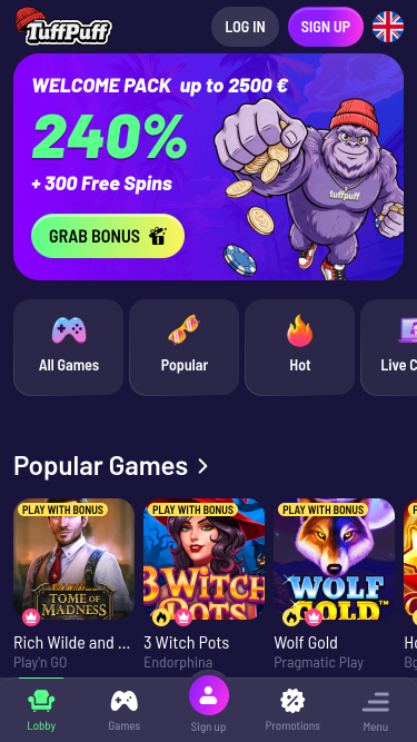 Pagina iniziale mobile di TuffPuff Casino