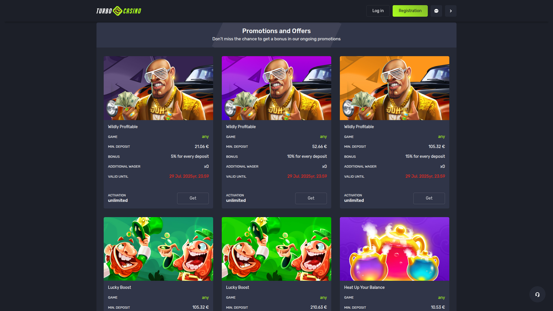 Turbo Casino Desktop-Aktionen