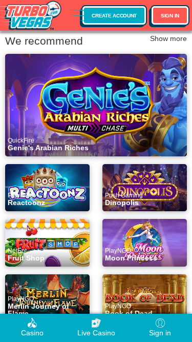 Jeux mobiles de TurboVegas Casino