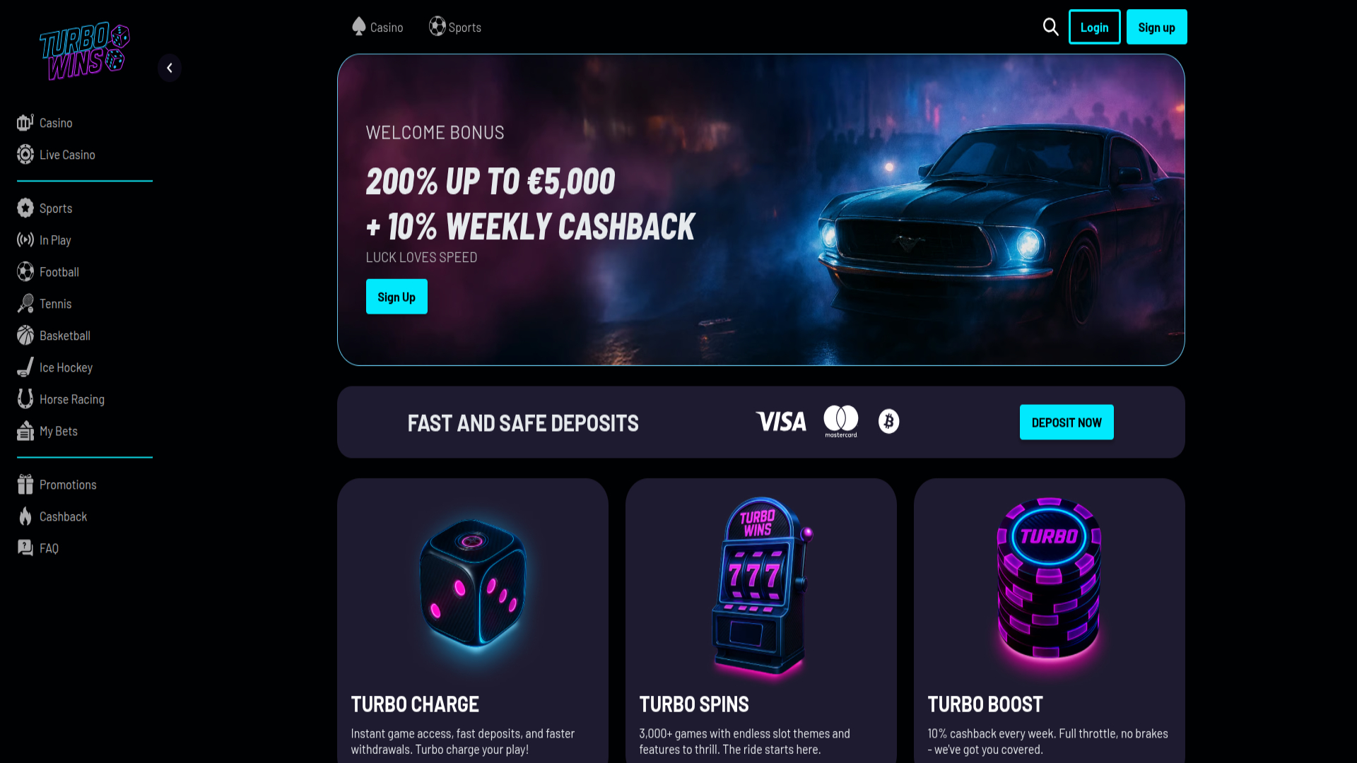 Captura de pantalla de la página de inicio de Turbowins Casino para ordenador.