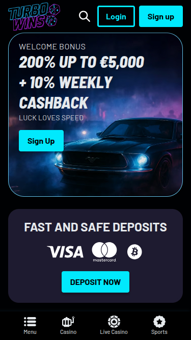 Captura de pantalla de la página de inicio de Turbowins Casino para móviles.