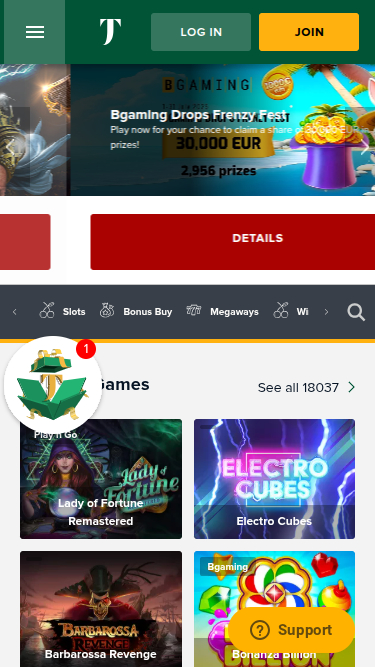 Page d'accueil mobile de TuskCasino