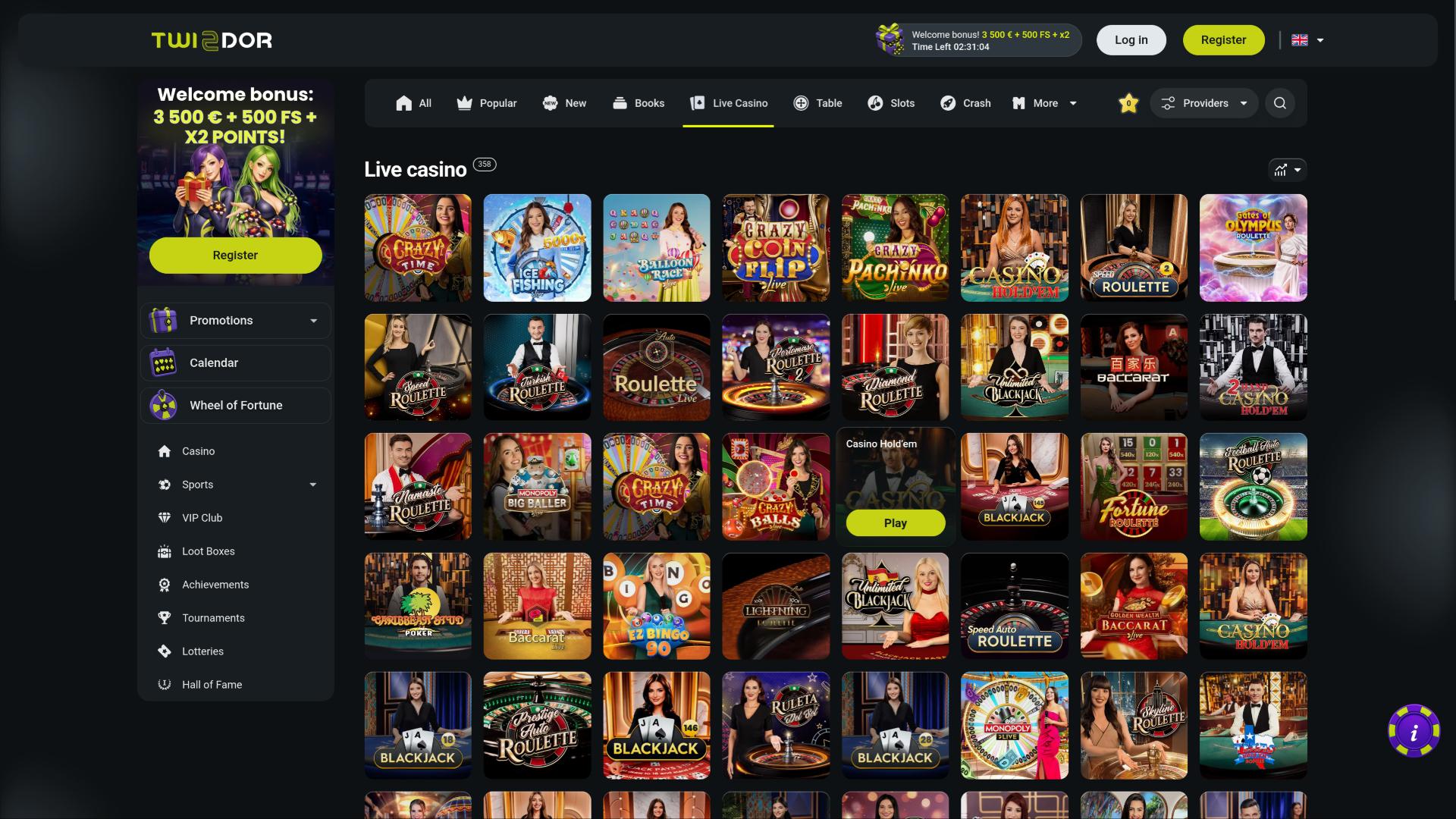 Twindor Casino Live-Dealer-Seite