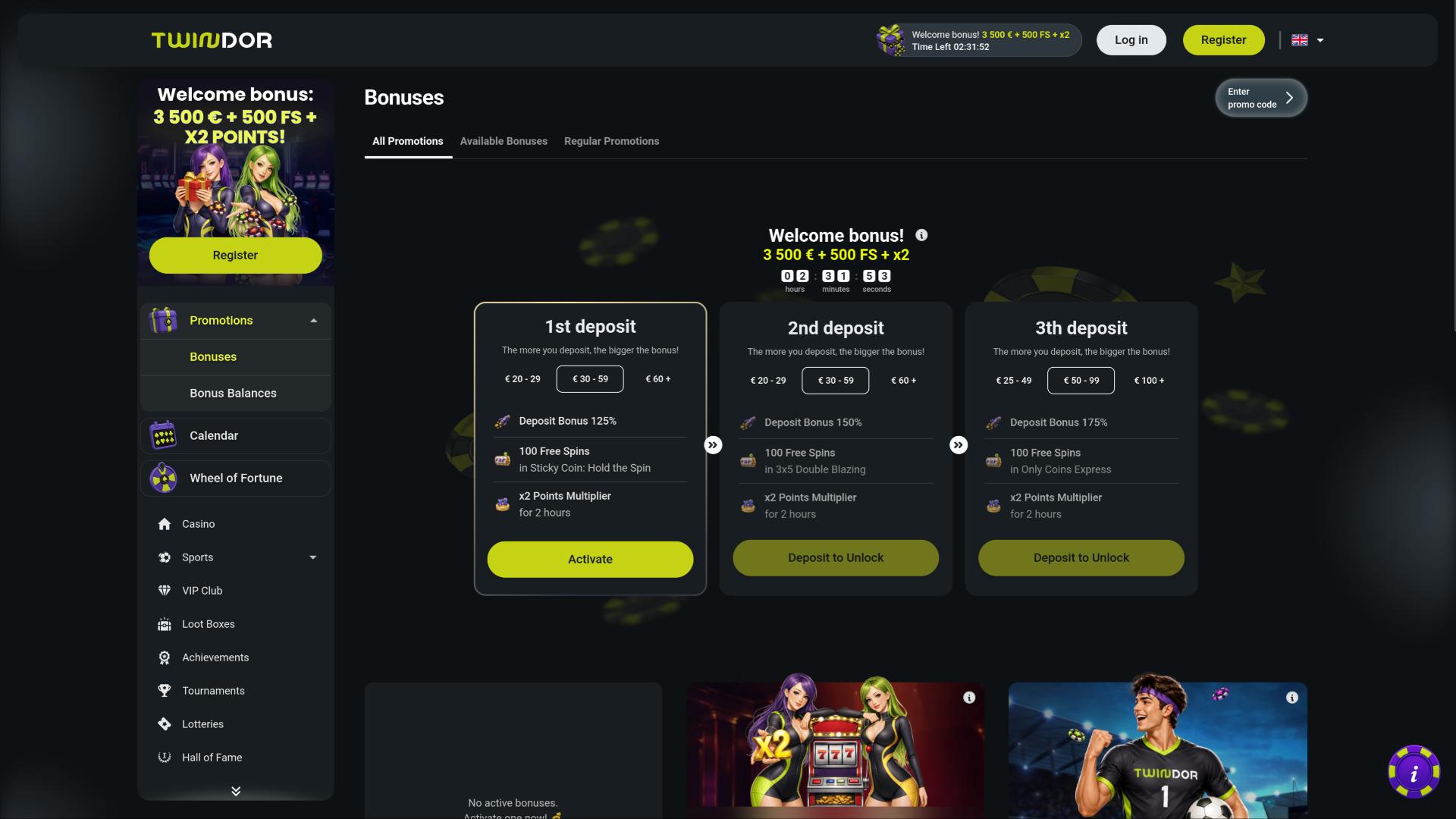 Twindor Casino-Aktionsseite