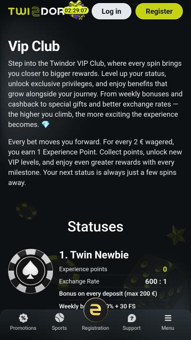 Twindor Casino VIP-Mobilseite