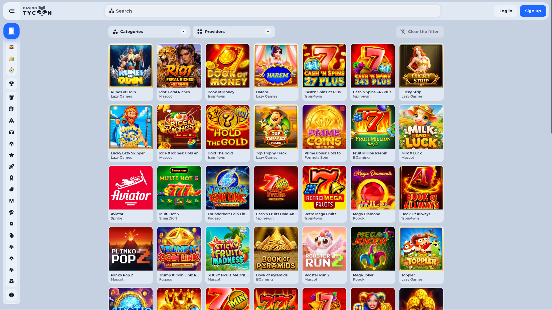 Page des jeux de Tycoon Casino