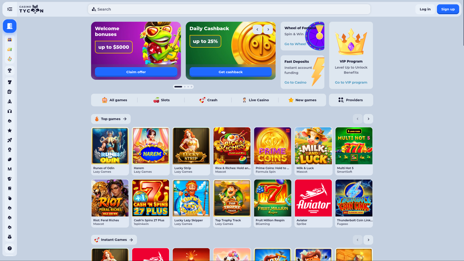 Page d'accueil de Tycoon Casino