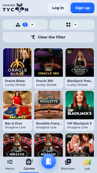 Page mobile du casino Tycoon avec croupiers en direct