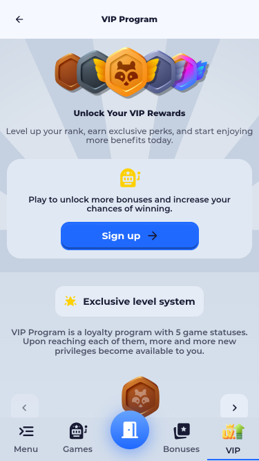 Page mobile VIP de Tycoon Casino