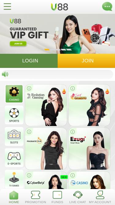 Página de inicio móvil del Casino U88
