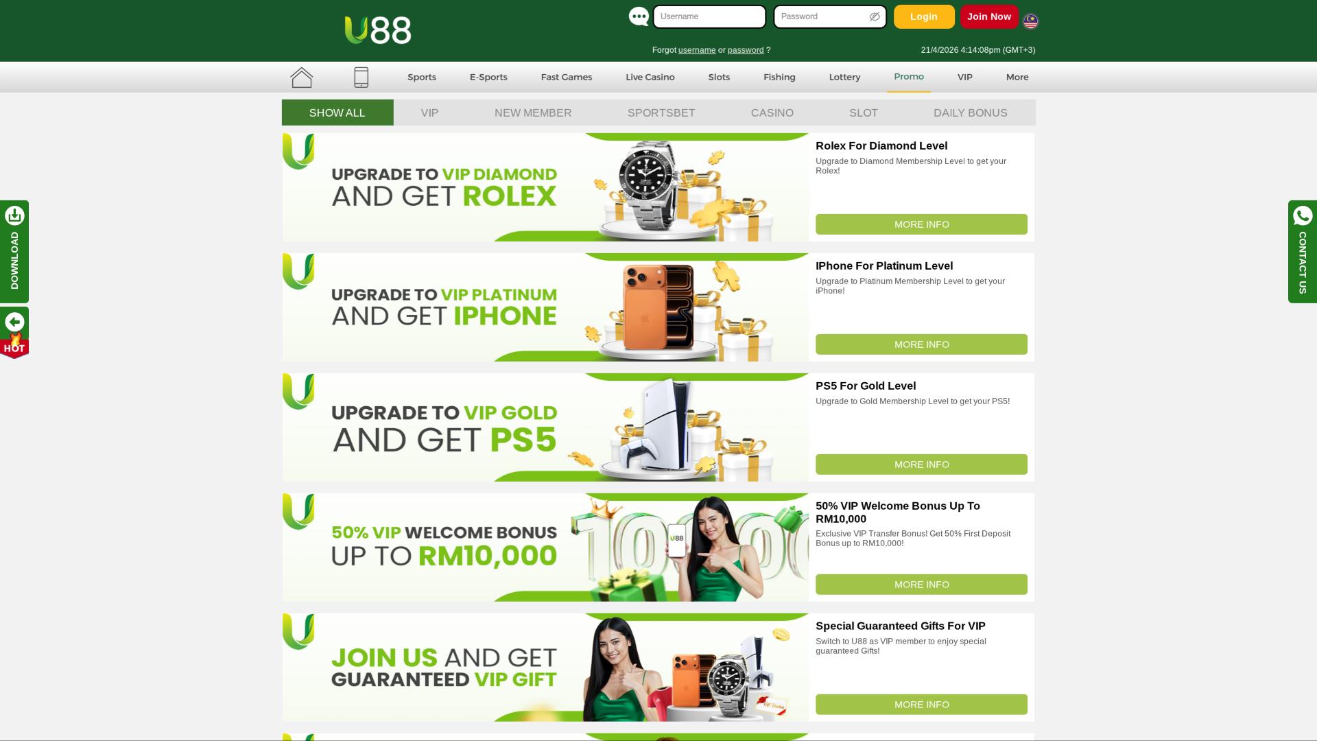 Página de promociones del casino U88