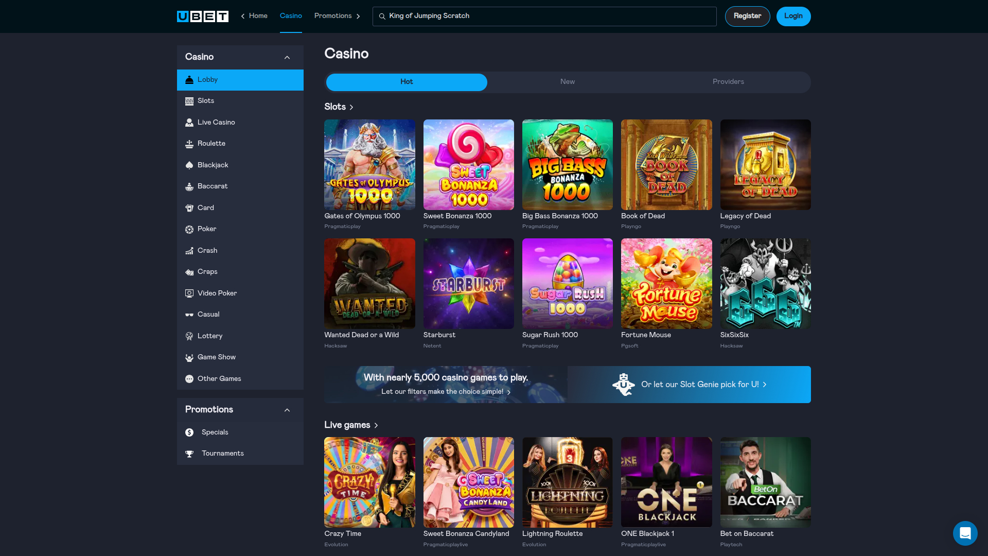 Página de inicio de escritorio de Ubet Casino