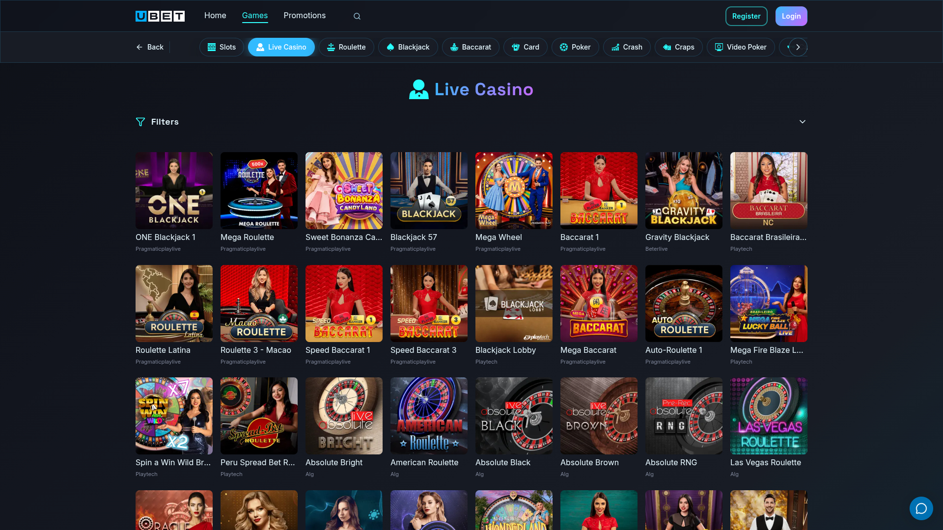 Казино Ubet с живыми дилерами (на компьютере)