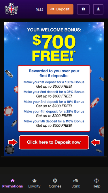 Promotions mobiles de UK Club Casino