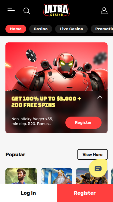 Page d'accueil mobile de Ultra Casino