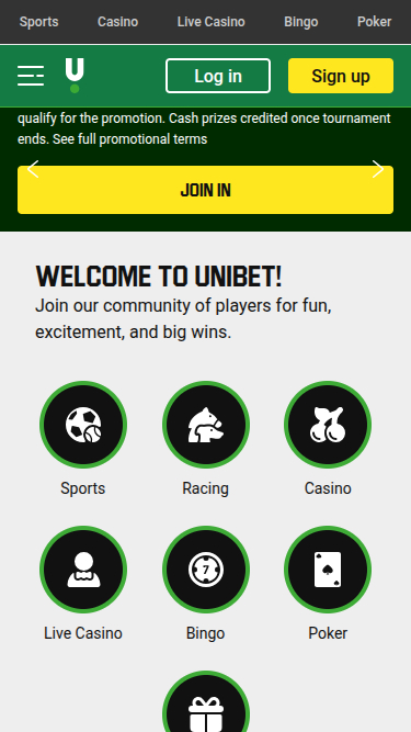 Page d'accueil mobile de Unibet Casino