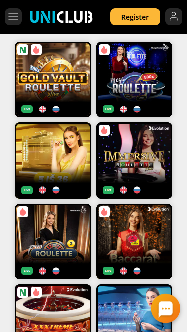 Live dealer mobile di Uniclub