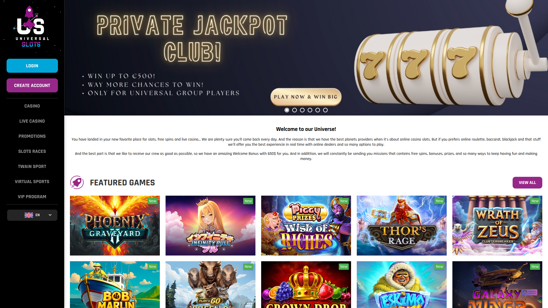 Universal Slots Desktop-Startseite
